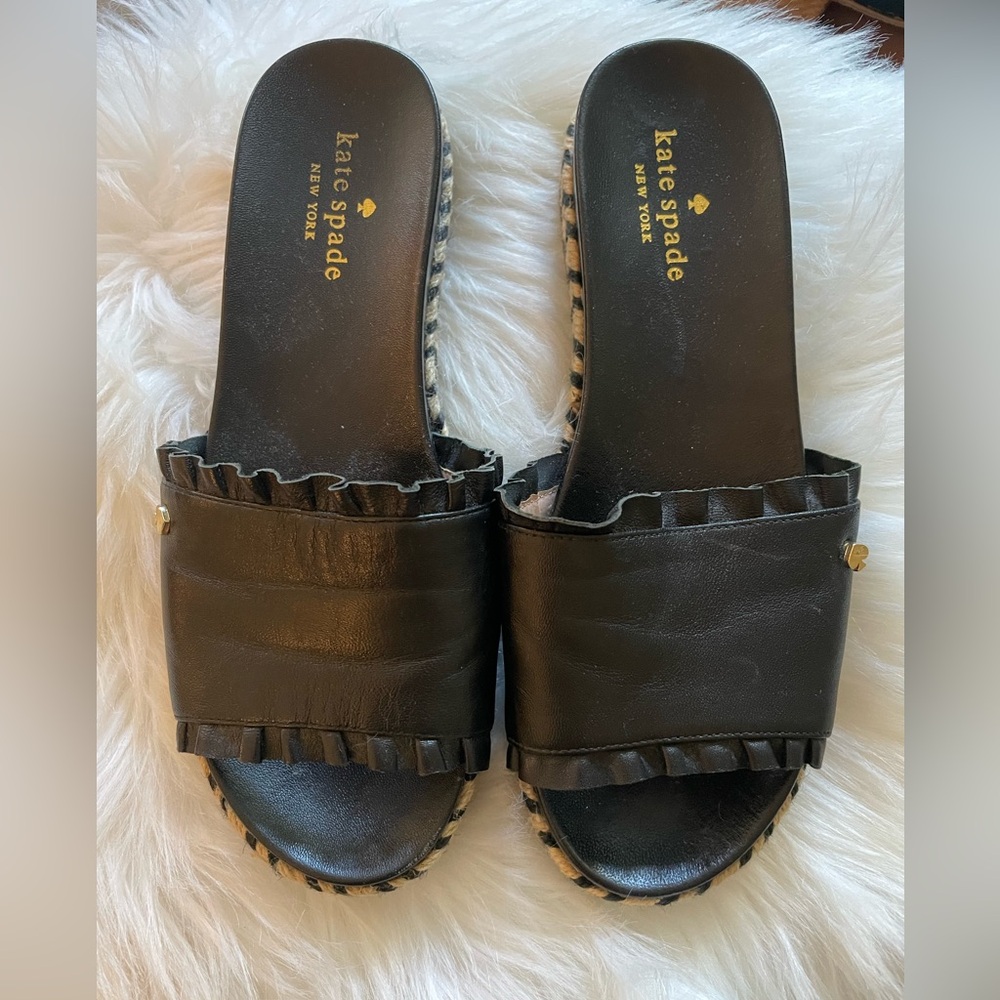 Kate Spade Zahara Black Leather Slide Sandals Espadrilles Size 6.5